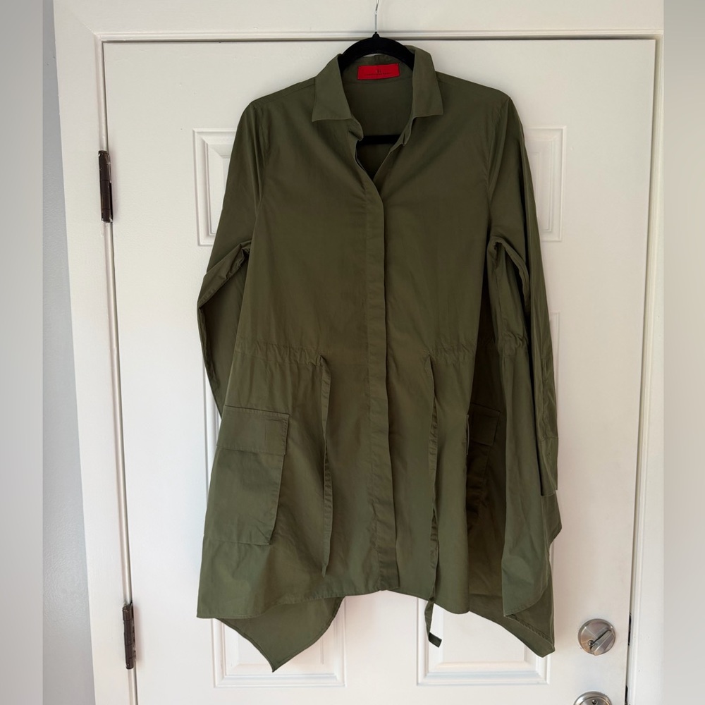 CAROLINA HERRERA SIZE 6 M green poplin‎ shirt tunic top asymmetrical